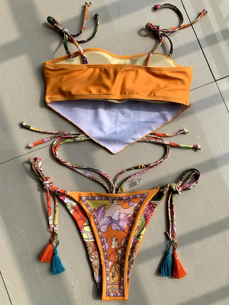 Impresso colheita superior biquíni feminino bandeau biquinis 2025 maiô feminino de duas peças conjunto de biquíni maiô nadar beach wear