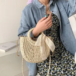 Straw Bag Women Hand-Woven Handbag Moon Shape Lace Bow Rattan Bag Big Capacity Drawstring Casual Beach Shoulder Crossbody Bag