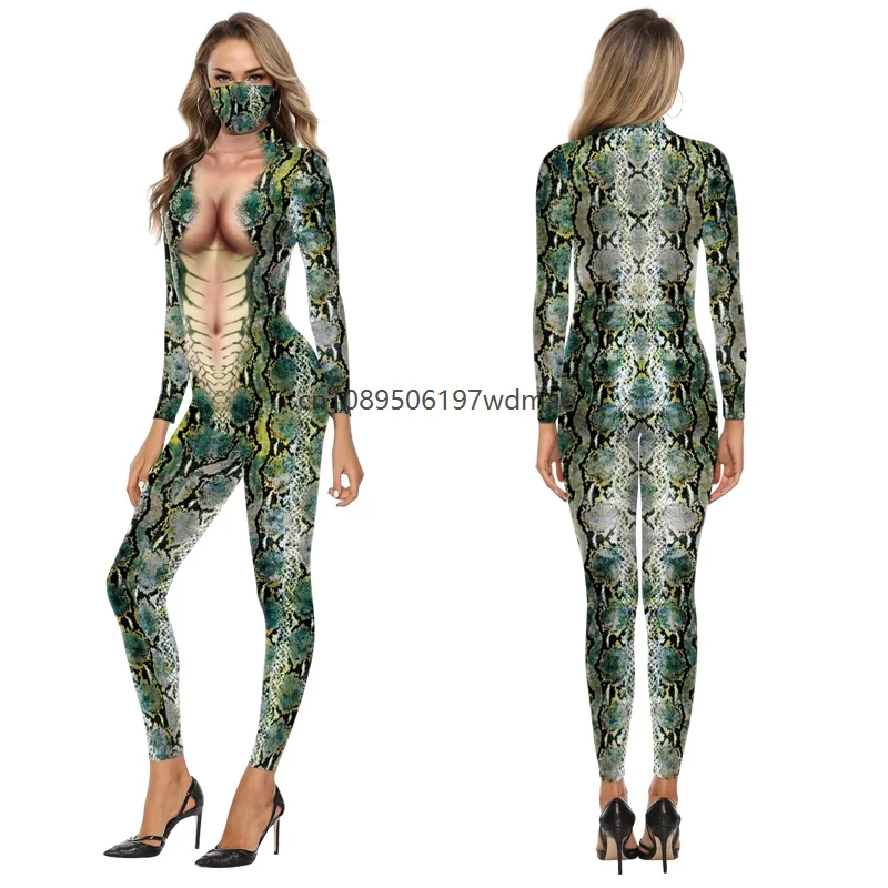 

Women Animal Snake Pattern 3d Digital Printing Bodysuit long Sleeve Halloween Jumpsuit Adult Evening Party Performance Costume