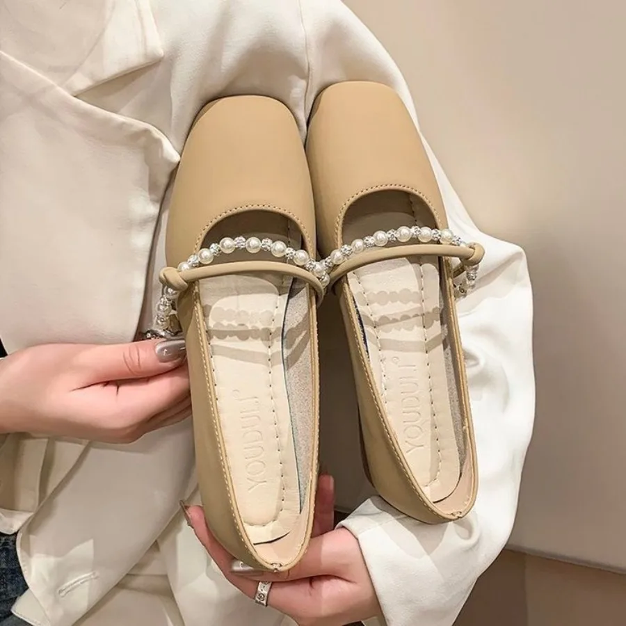 New Elegant French Flat Shoes Pearl Shallow Mouth Soft Leather Ladies Flats Comfortable Anti Slip Low Heel Women's Casual Shoes