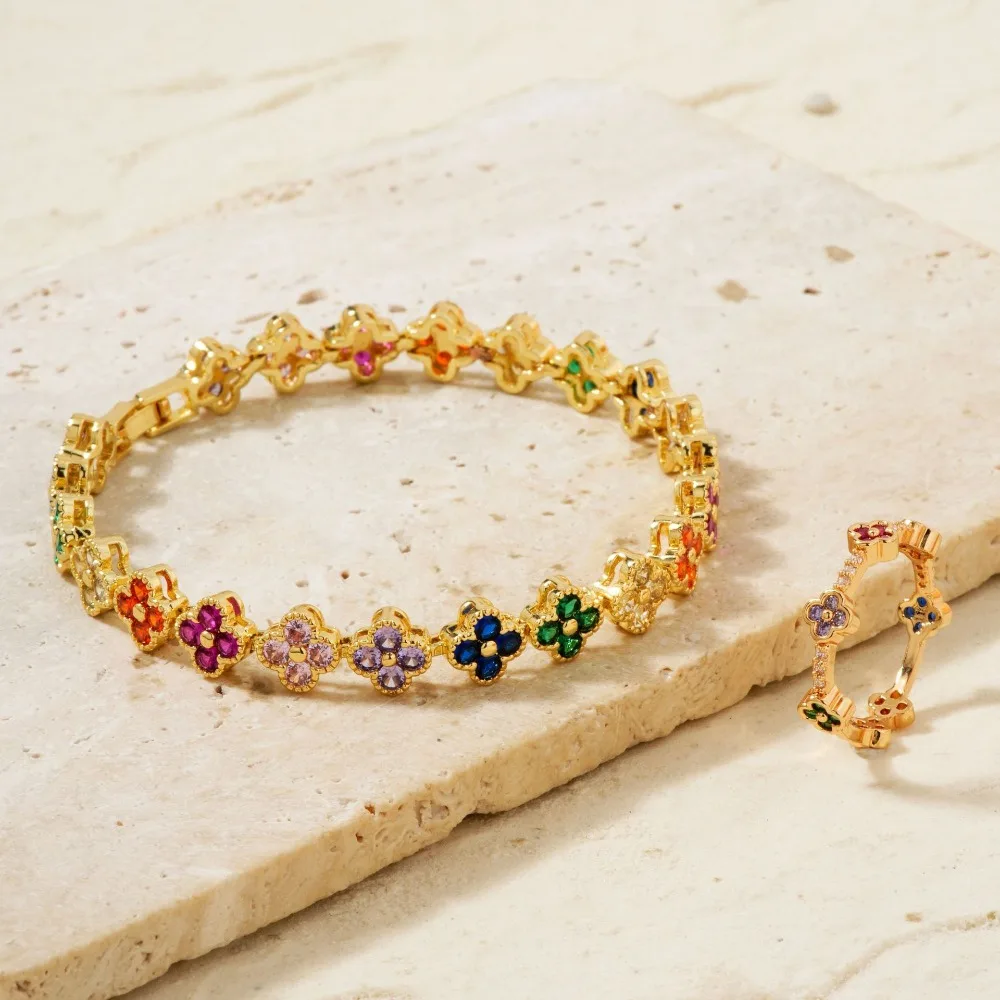Four Leaf Bracelet Ring Set Lucky Clover Series Sweet And Romantic Style Valentine's Day Gift For Girls