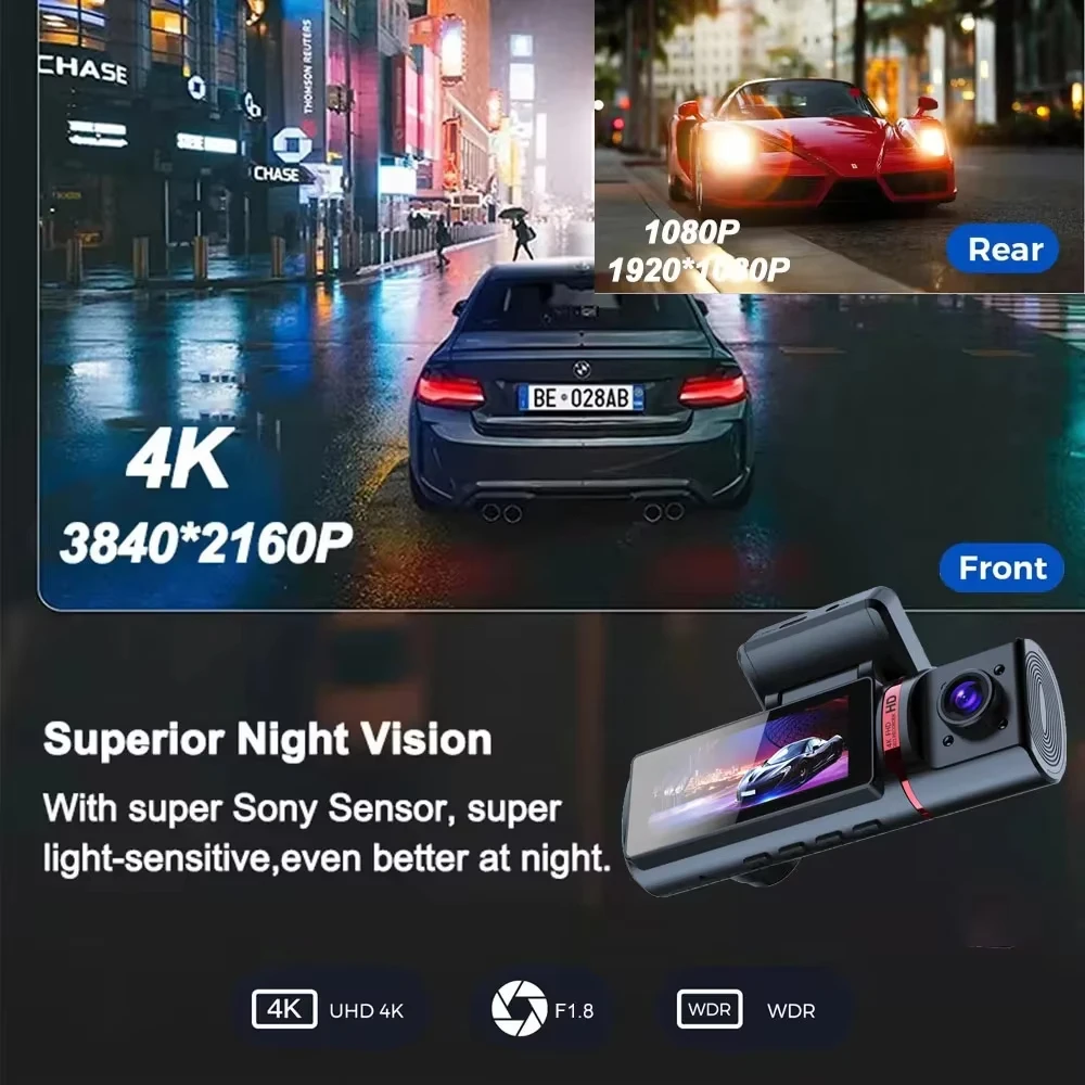 كاميرا داش 4K 3 قنوات، نظام تحديد المواقع المدمج واي فاي 5 جيجا هرتز مع بطاقة 64 جيجا بايت 2160P + 1080P + 1080P كاميرا سيارة ثلاثية أمامية وخلفية داخلية مع 3