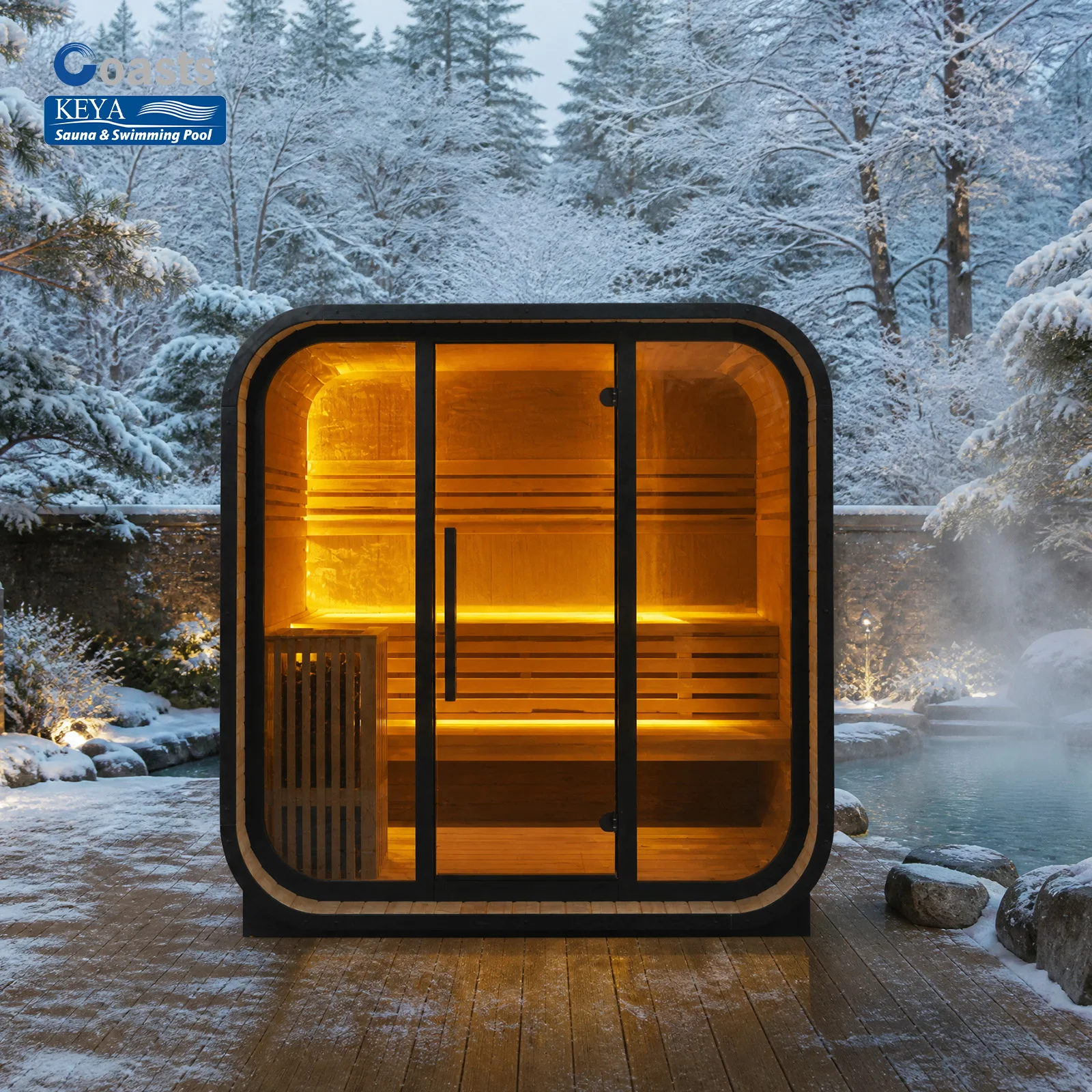 Timber Wellness Cube Sauna With Frost Resistant Construction Radiant Heat Interior For Private Hot Tub Poolside Area