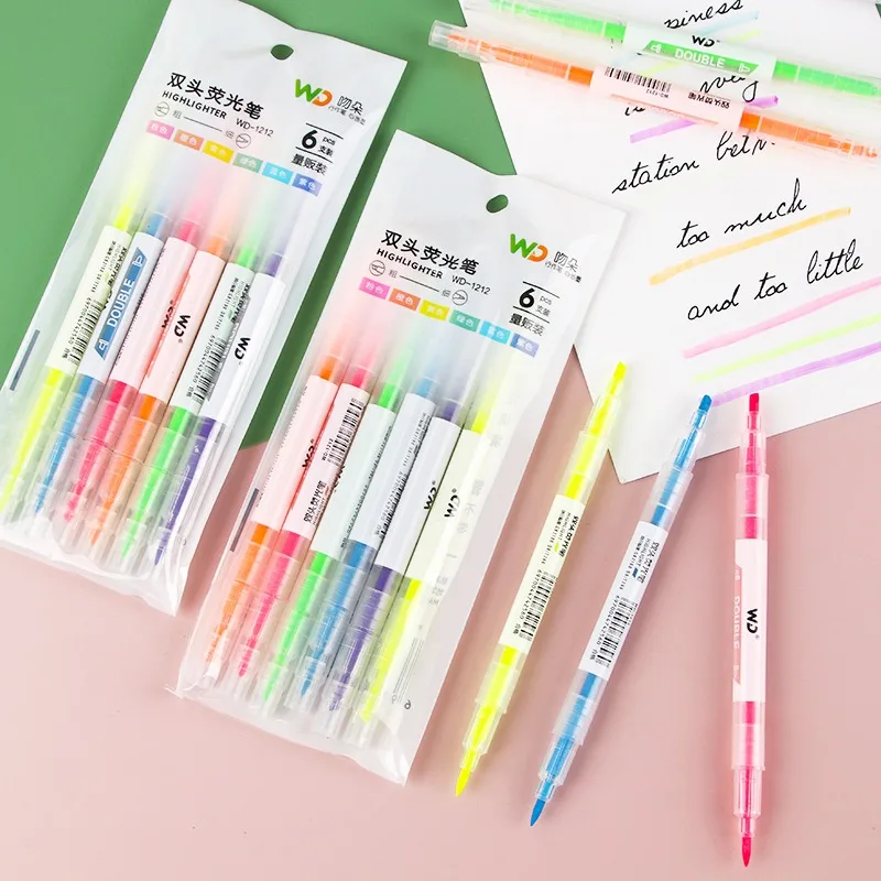 6 Pcs/pack Assorted Color Dual Tip Highlighter Bulk Set Perfect for Student Note Taking Journaling Study Supplies