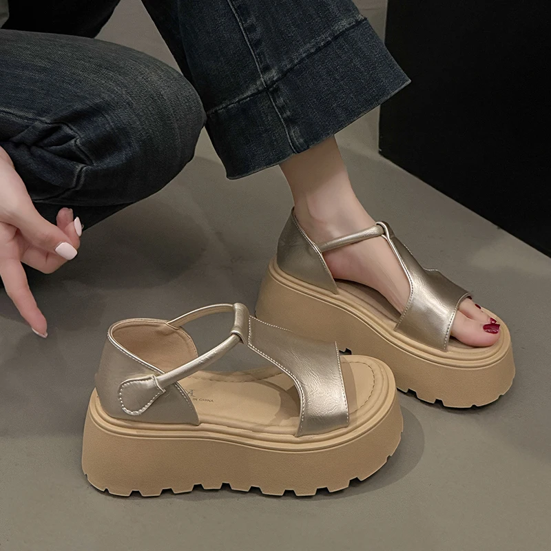 Summer Chunky Sandals Women's Wedge Heels Slides Leather Casual Woman Beach Casual Thick Bottom Sandals Silver 245