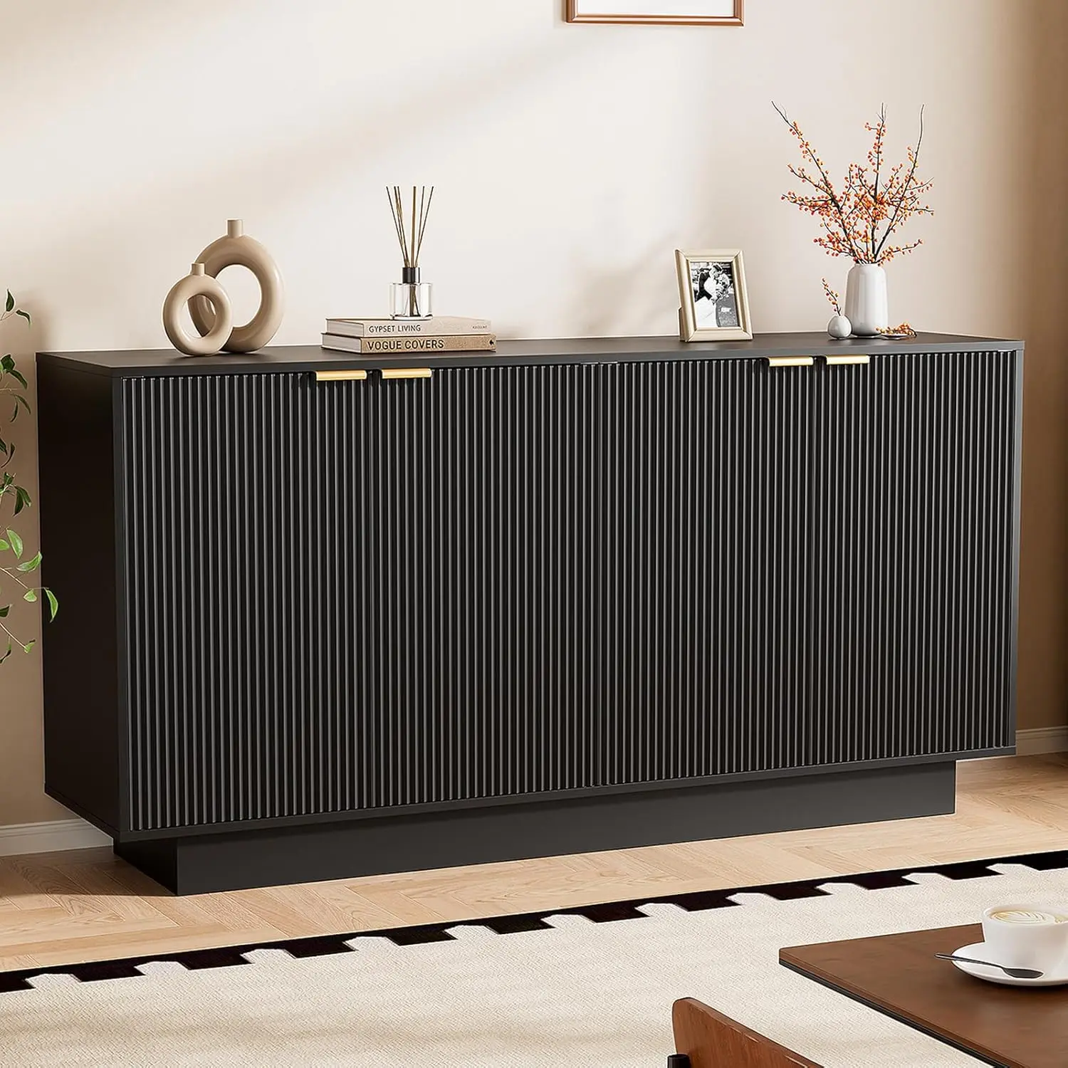 63'' Large Fluted Sideboard Buffet Cabinet, Modern Storage Cabinet with Adjustable Shelf, Console Table Wine Bar, Customized