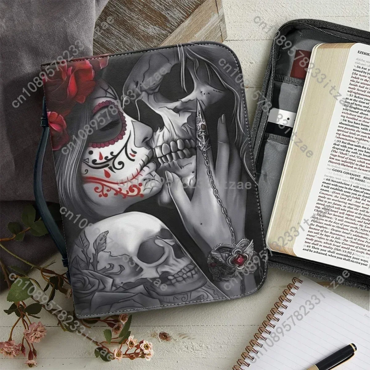 حقائب يد نسائية من البولي يوريثان حقيبة الكتاب المقدس القوطية الجمجمة روز طباعة غطاء الكتاب المقدس حافظة مخصصة كتاب دراسة الكتاب المقدس صناديق التخزين هدية الهالوين