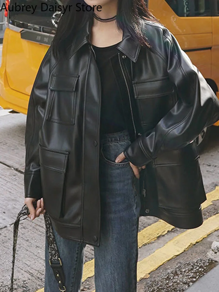 Autumn Streetwear Black Leather Jacket Women High Street Harajuku Zipper Leather Moto Jacket Casual Loose Oversize Warm Coat Y2k