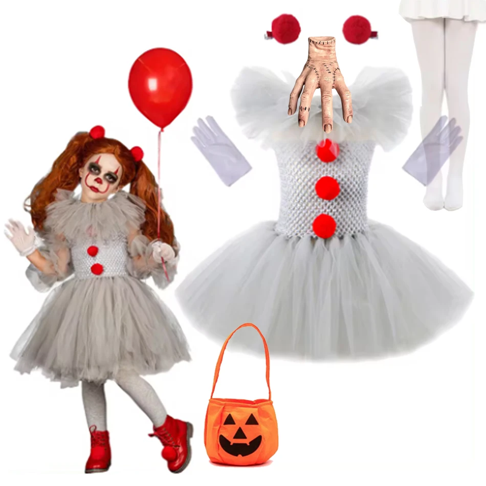 Halloween Gray Joker Girls Costume Tutu Dress Creepy Clown Kids Carnival Party Cosplay Clothing Children Tulle Fancy Dress