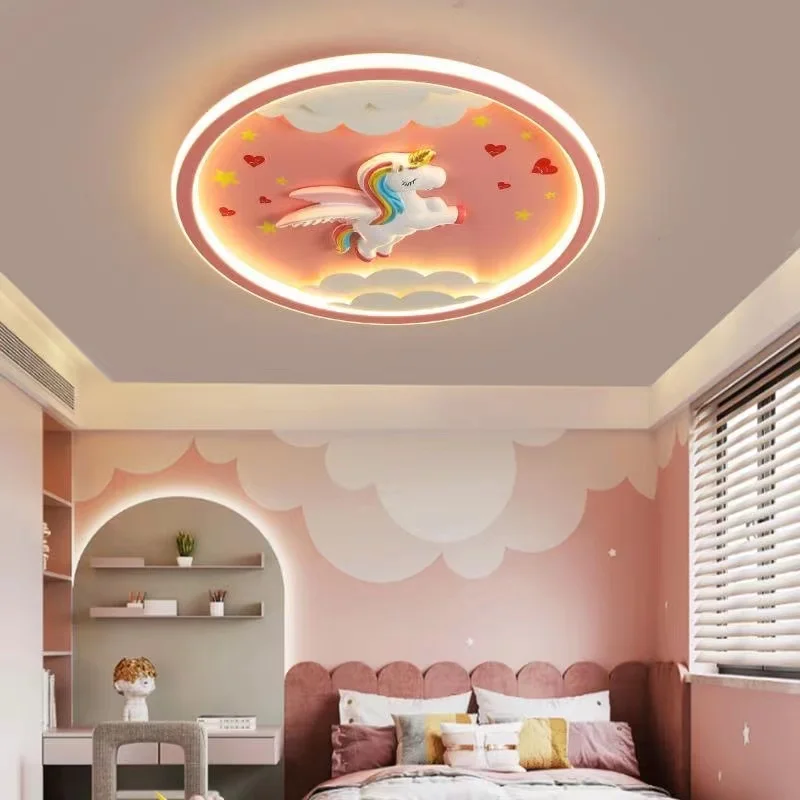 Kawaii Unicorn Led Ceiling Lamp For Kids Room Girl Bedroom Study Children Baby Cartoon Cute Pink Cloud Pegasus Chandelier Lights