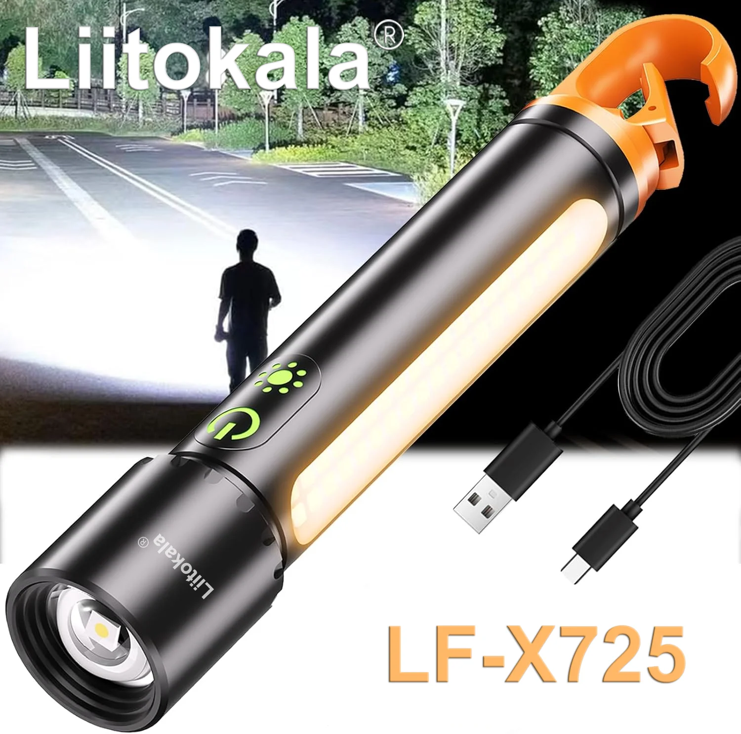 LiitoKala LF-X725 Outdoor Telescopic Zoom Flashlight Side Lights Rechargeable High-Intensity LED Beam Adjustable Focus