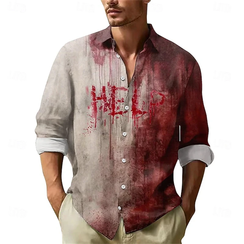 

Men's Halloween Costume Shirt 2025 Red Long-sleeved Button Shirt with Bloody Design Halloween-themed Top for Party Cosplay