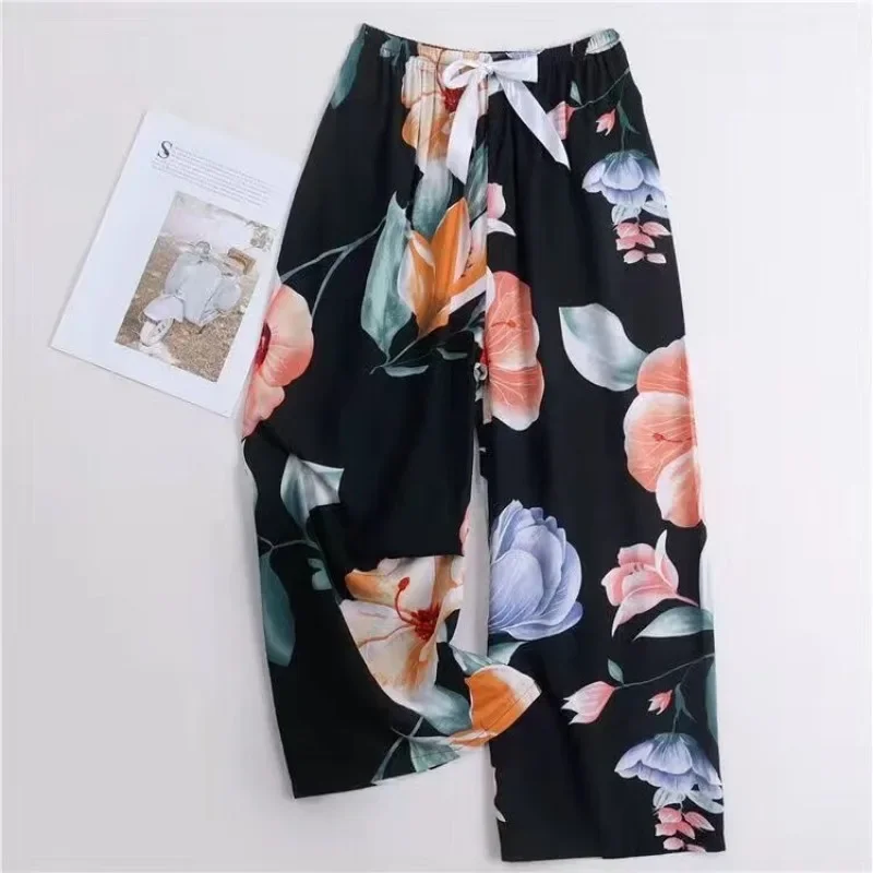 2024 Home Pants Women Spring Summer Thin Sleep Pants Floral Printed Pajama Pants Wide Leg Loose Plus Size Calf-length Bottoms