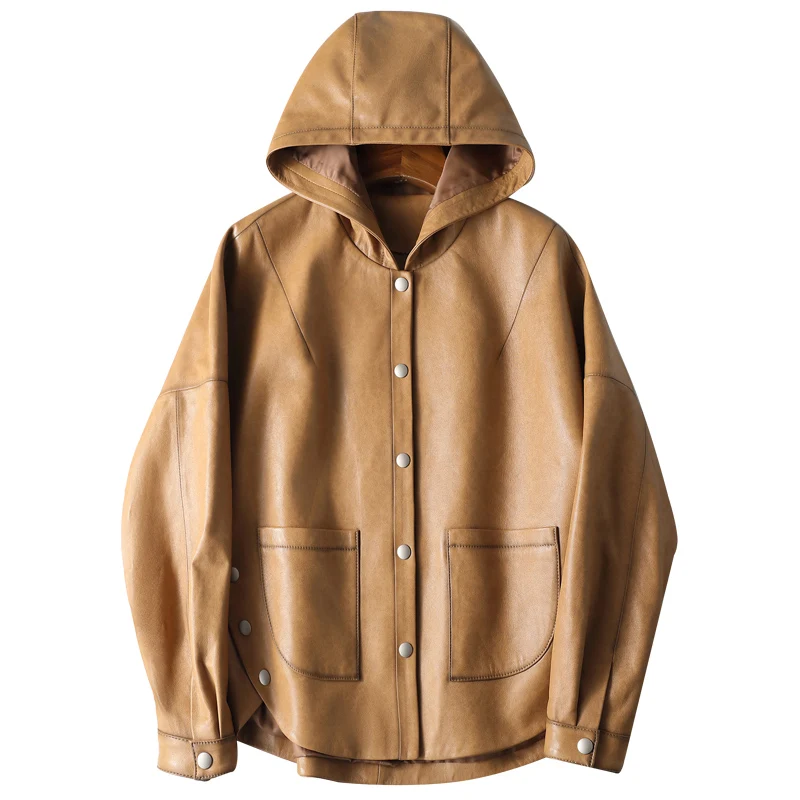 TAJIYANE 100 % genarbte Schaffelljacke Frau Kurze Echtlederjacken mit Kapuze Herbst Damenkleidung 2025 Chaquetas