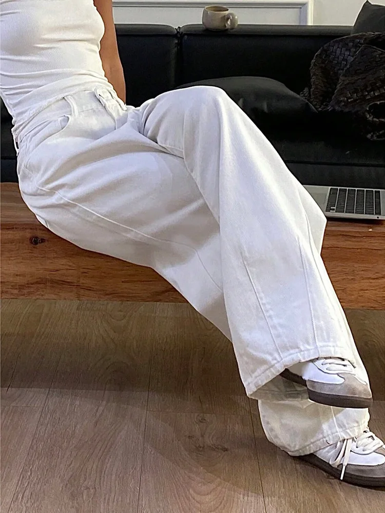 جينز فضفاض جديد لعام 2025 سروال جينز نسائي عالي الخصر جيب أبيض متين عتيق واسع الساق من قماش الدنيم بنطلون غير رسمي للمكتب للسيدات للتنقل