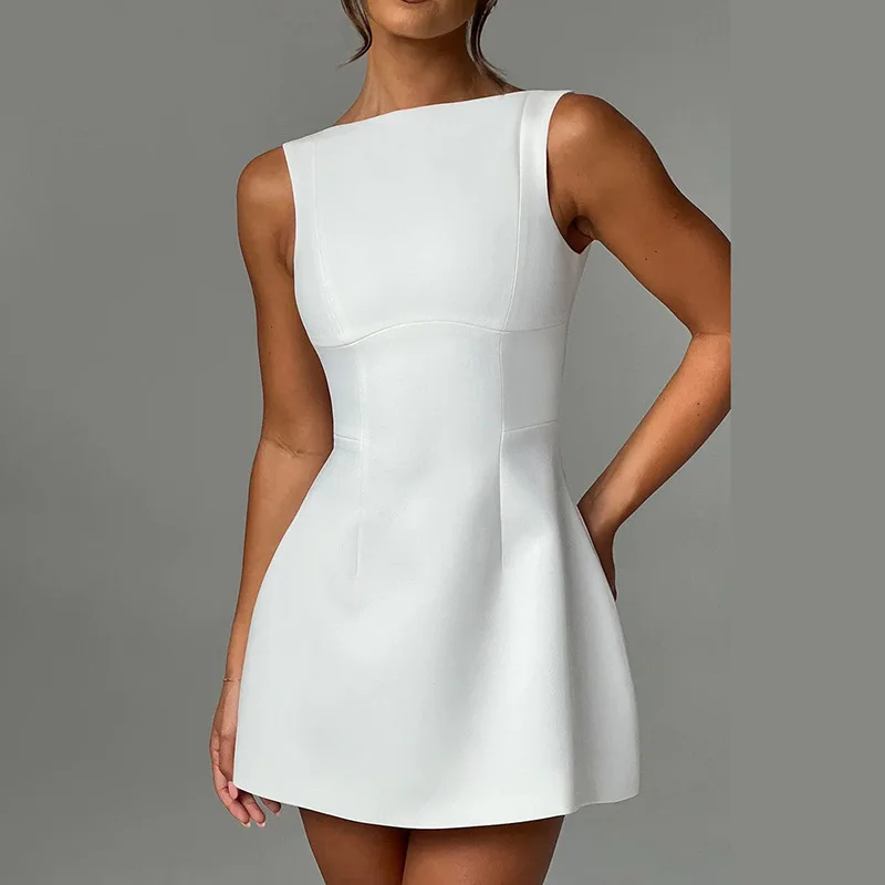 

Sexy Backless Solid Color Evening Dresses Women Summer O-neck Sleeveless Elegant Slim A-line Mini Dress Office Lady Party Dress