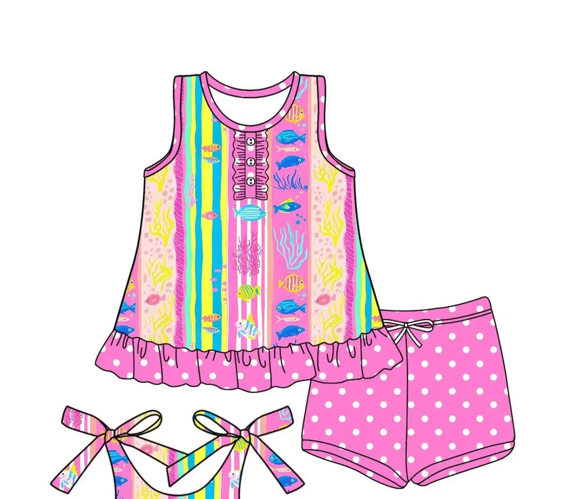 Summer Flower Floral Girls Sleeveless Shorts Outfits New Design Sister Matches Wholesale Toddler Paisley Clothes  Set