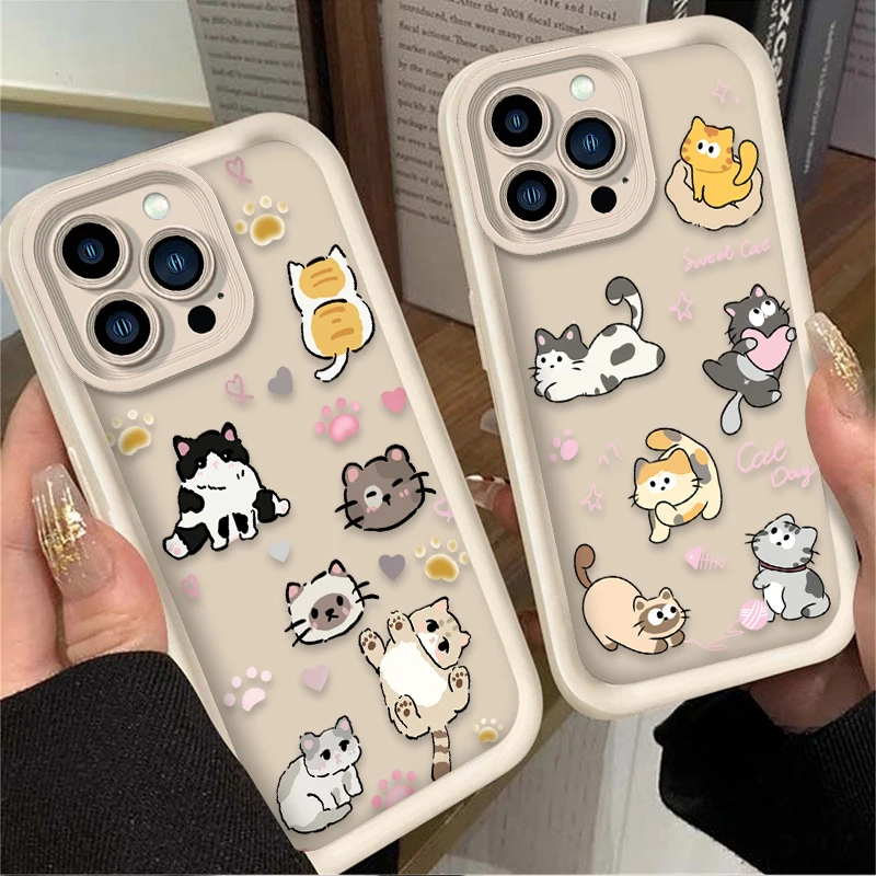 Cute Cartoon Lovely Cat Silicone Case For iPhone 16 15 14 13 12 11 Pro Max X XS X S Max XR SE 2020 7 8 Plus Shockproof Cover