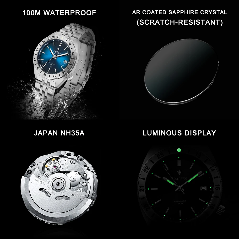 CADISEN Watch Man Diver Automatic Mechanical Wristwatches NH35 Luminous Stainless steel AR Coating Sapphire Crystal Waterproof