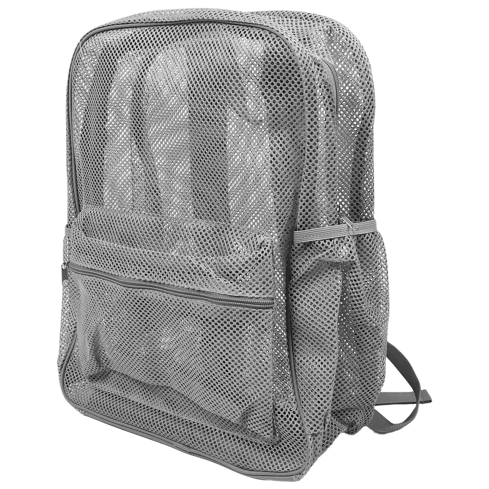 Heavy Duty Mesh Backpack Grey Padded Shoulder Straps Outdoor Sports Swimming Equipment Bag See Through Mesh Travel Beach