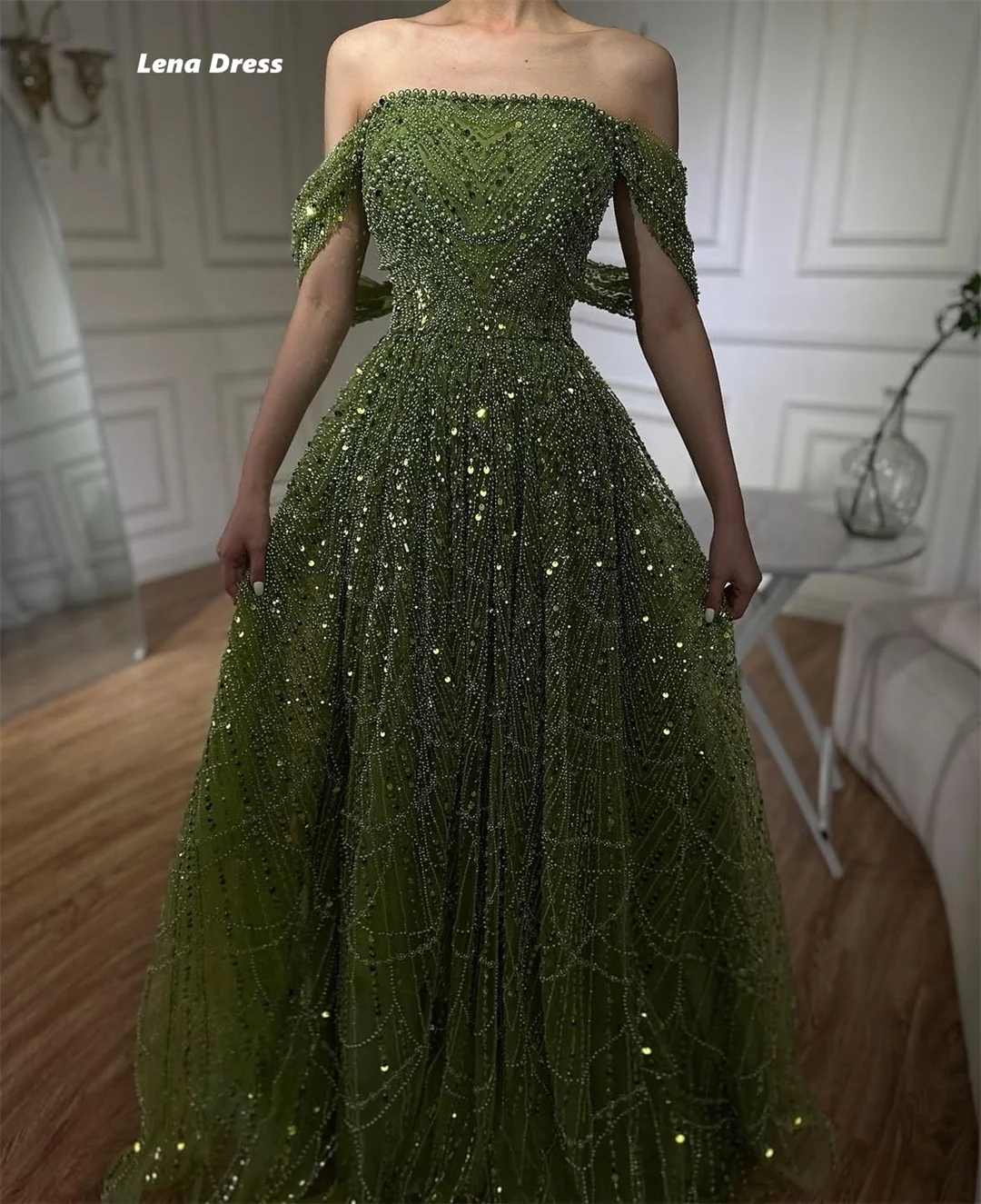 Lena-vestidos largos de graduación 2025, línea verde, lujosos vestidos de noche para mujer, elegante vestido de noche de lujo para mujer, fiesta con cuentas