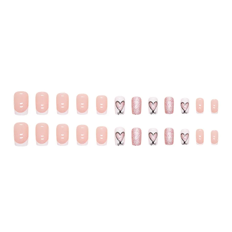 24pcs Glitter French Press-On Nails - Icy White Tips & Sparkling Heart Outline Medium Square Shape (Multi Sizes)