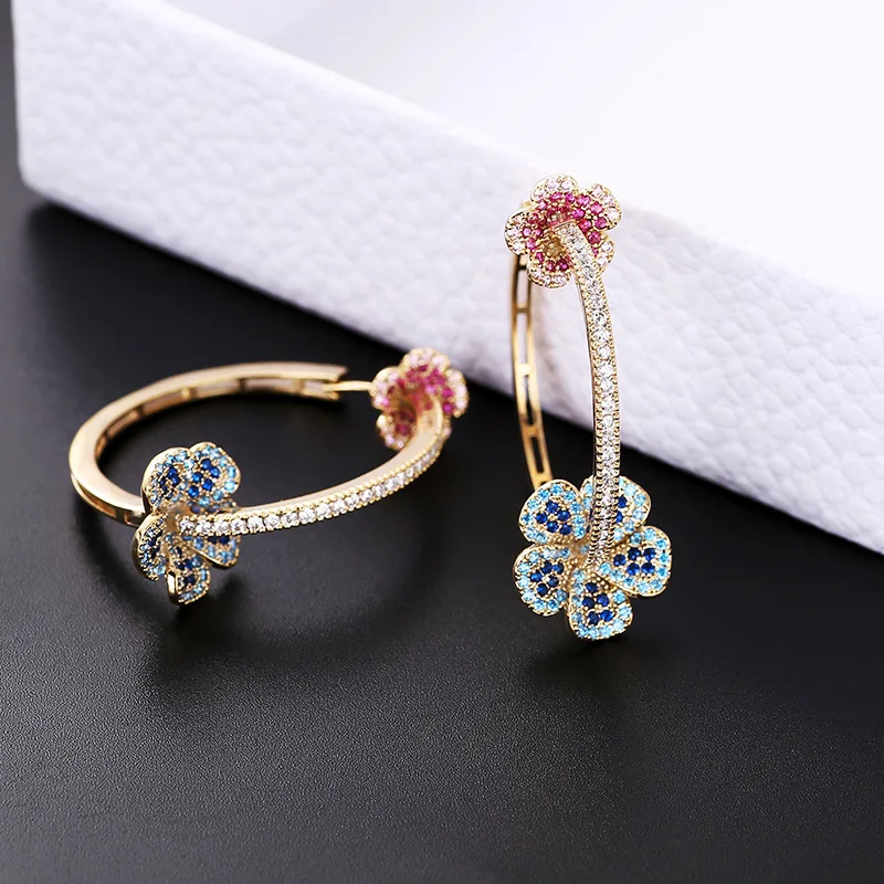 SENYU Luxury Flower Earrings for Women Color Zircon Round Hoop Earrings Gold Plating Hot Jewelry Wholesale Brazil Spain