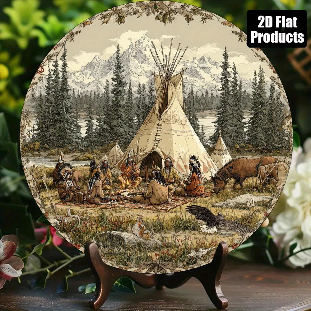 2D Flat, 2D Flat 1pc Metal Sign 19.99X19.99 cm, Local American Tribe Wall Decor Vintage Tent Camping Scene And Tribal Members Ro