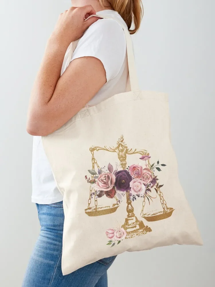 Lawyer Office Decor, Scales of Justice Floral Print Tote Bag supermarket folding bag Women bags women bag