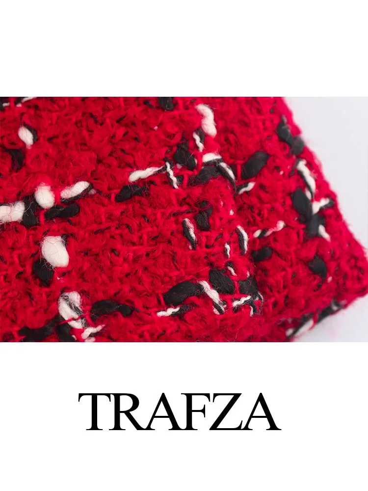 TRAFZA شورت نسائي أحمر منقوش بسحاب جانبي تصميم نحيف صيفي صغير كولوتيس نسائي أنيق عالي الخصر غير رسمي ملابس خروج Mujer