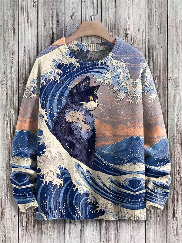 Retro Japanese Style Painting Cat Art Casual Print Knit Pullover Sweater Women For Men Sweater - Image 9