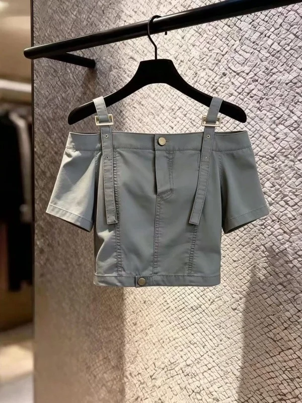

Gray Shoulder-baring One-shoulder Short-sleeved Versatile Fashionable Retro Design Two-piece Set with Short Skirt Casual Summ...