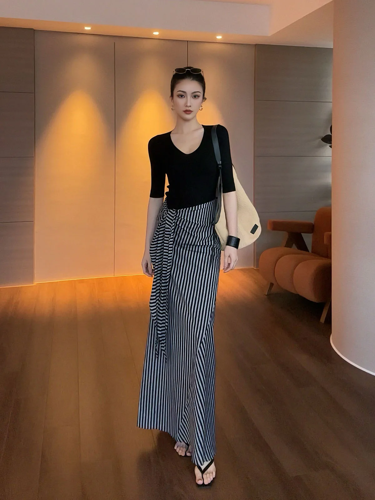 

JiJinqi Versatile Faionable Striped Midi Skirt High Waist Slim Fit Summer Slimming Trendy A-Line Skirt Commute Sle