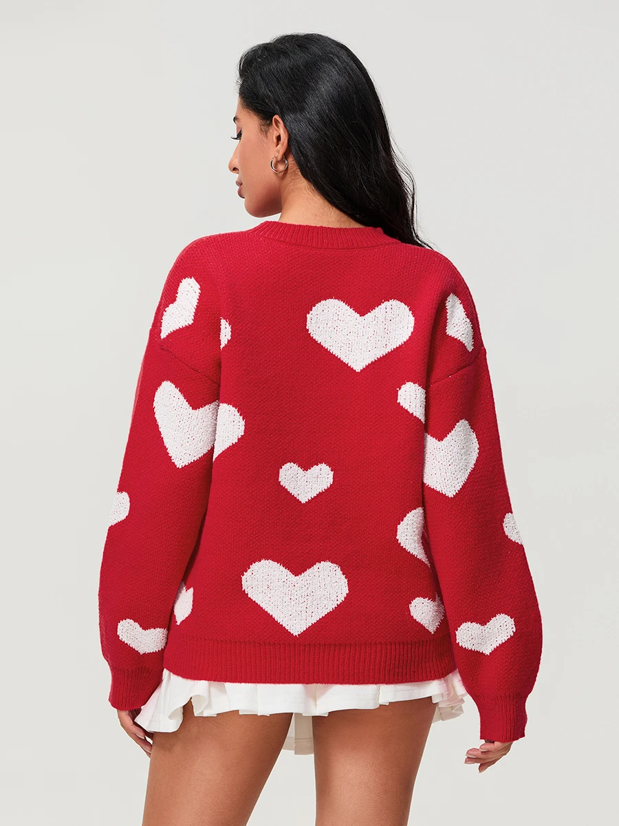 

Women s Cozy Knit Sweaters with Heart Print Long Sleeve Crew Neck Pullover Loose Fit Winter Tops for Fall Styling