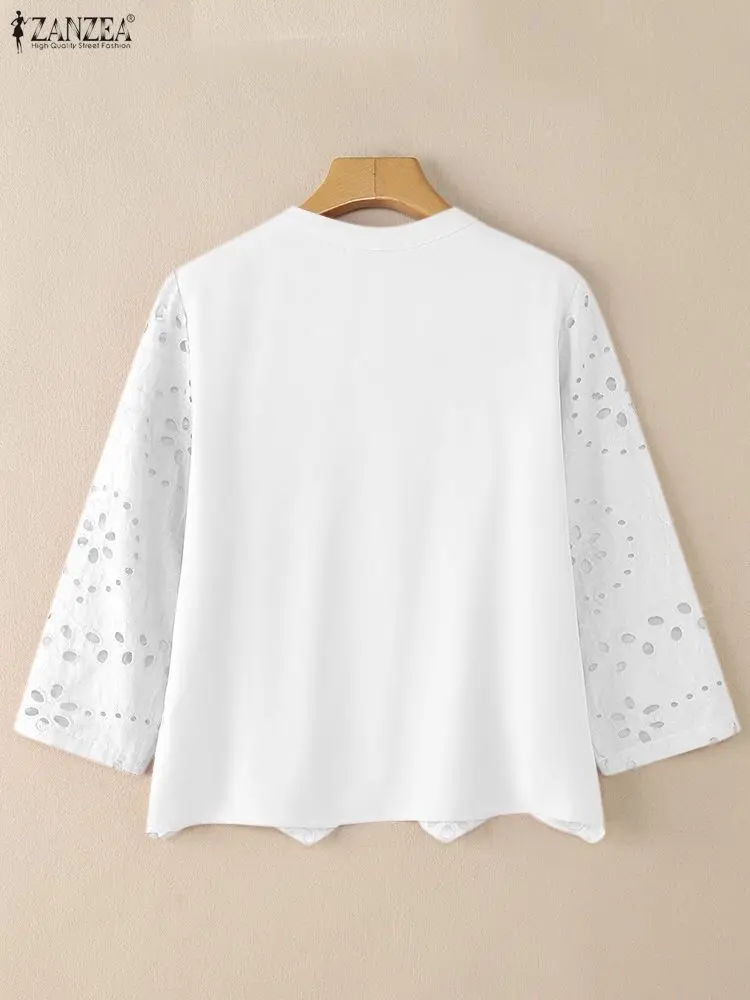 Stylish Autumn Hollow Out Blouse 2025 ZANZEA Women Embroidered Tops Elegant O Neck Long Sleeve Office Shirt Solid Buttons Blusas