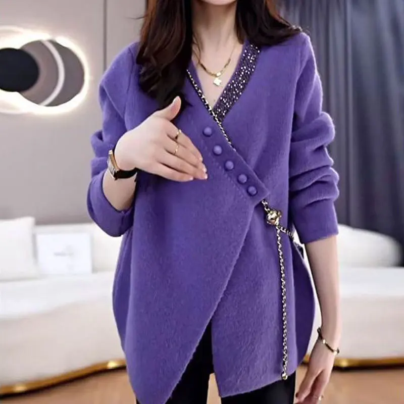 Fashion Sequined Button Jumpers Women\'s Clothing Casual Loose Asymmetrical Autumn Winter Elegant V-Neck Korean Knitted Sweaters