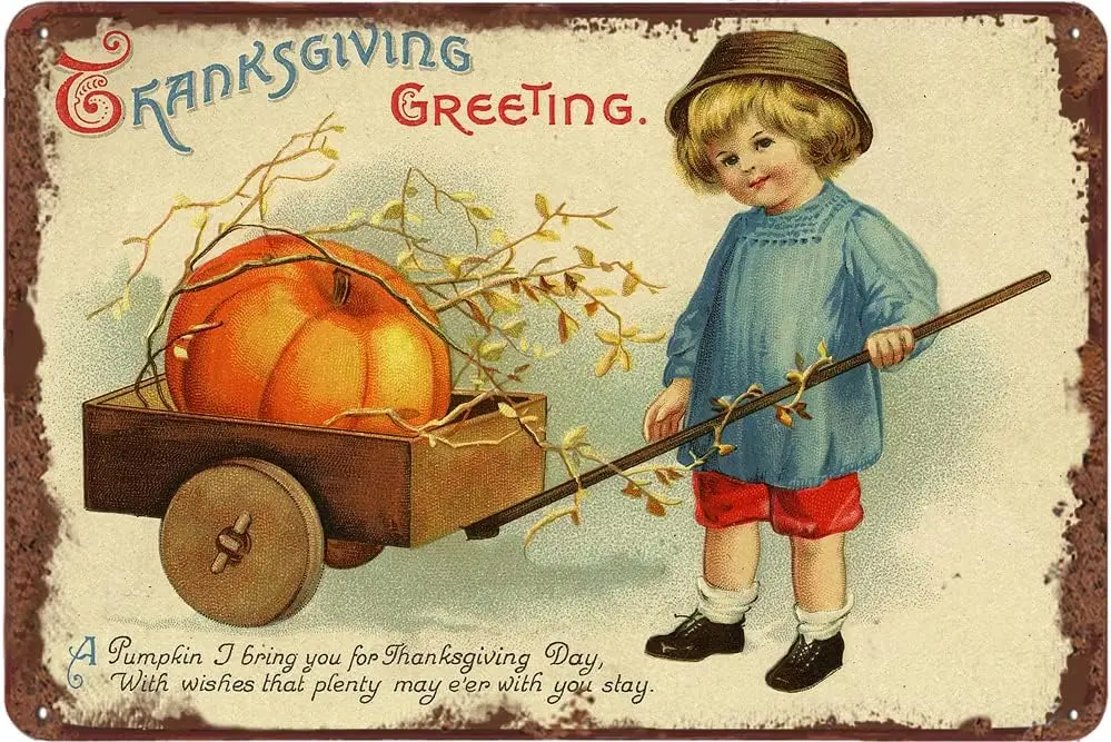 Thankful & Blessed Metal Tin Sign Thanksgiving Metal Pumpkin Sign Wall Hanging Decoration Festive Whimsical Halloween