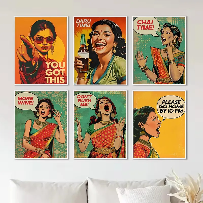 الهندي البوب الفن المطبخ مضحك يقتبس امرأة في ساري ديسي الغذاء Vintage المشارك حائط لوح رسم صور ديكور المنزل مطعم