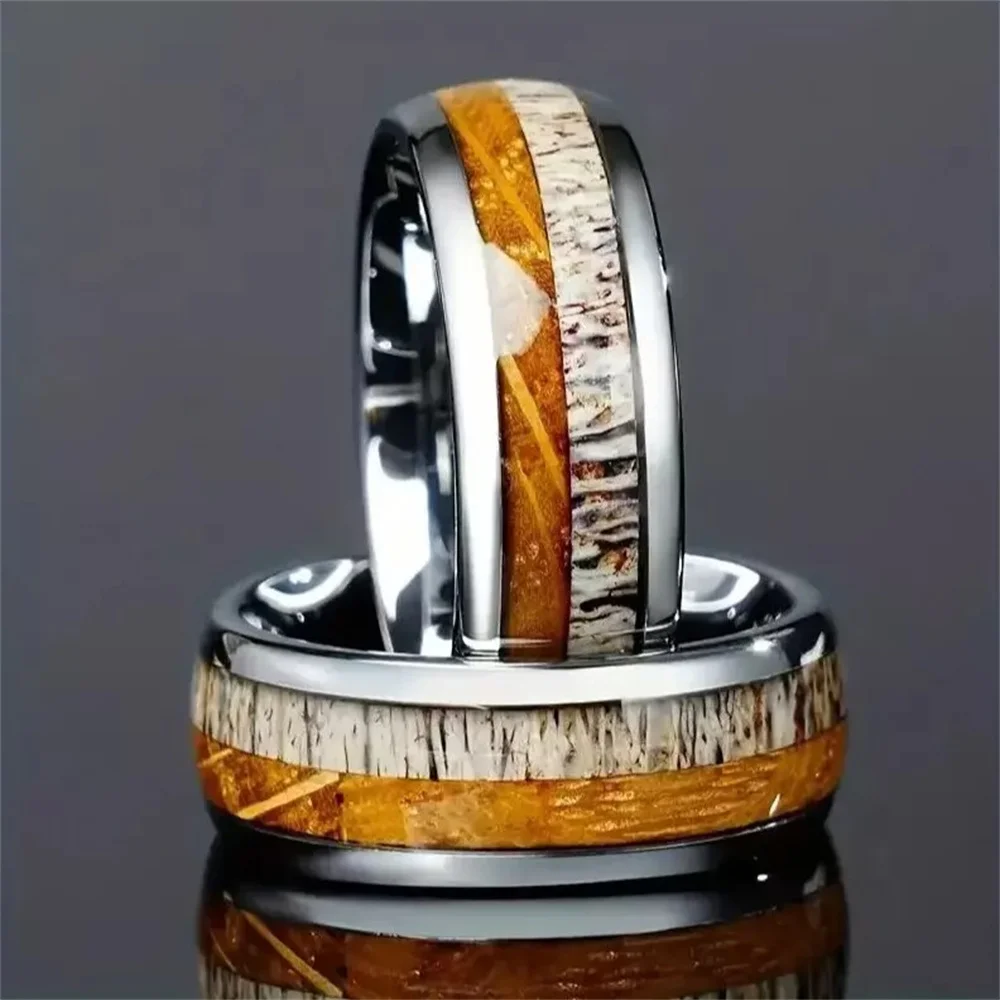 Fashion 8mm Men Stainless Steel Rings Silver Color Brushed Deer Antler And Koa Wood Rings for Men Wedding Band Jewelry Wholesale