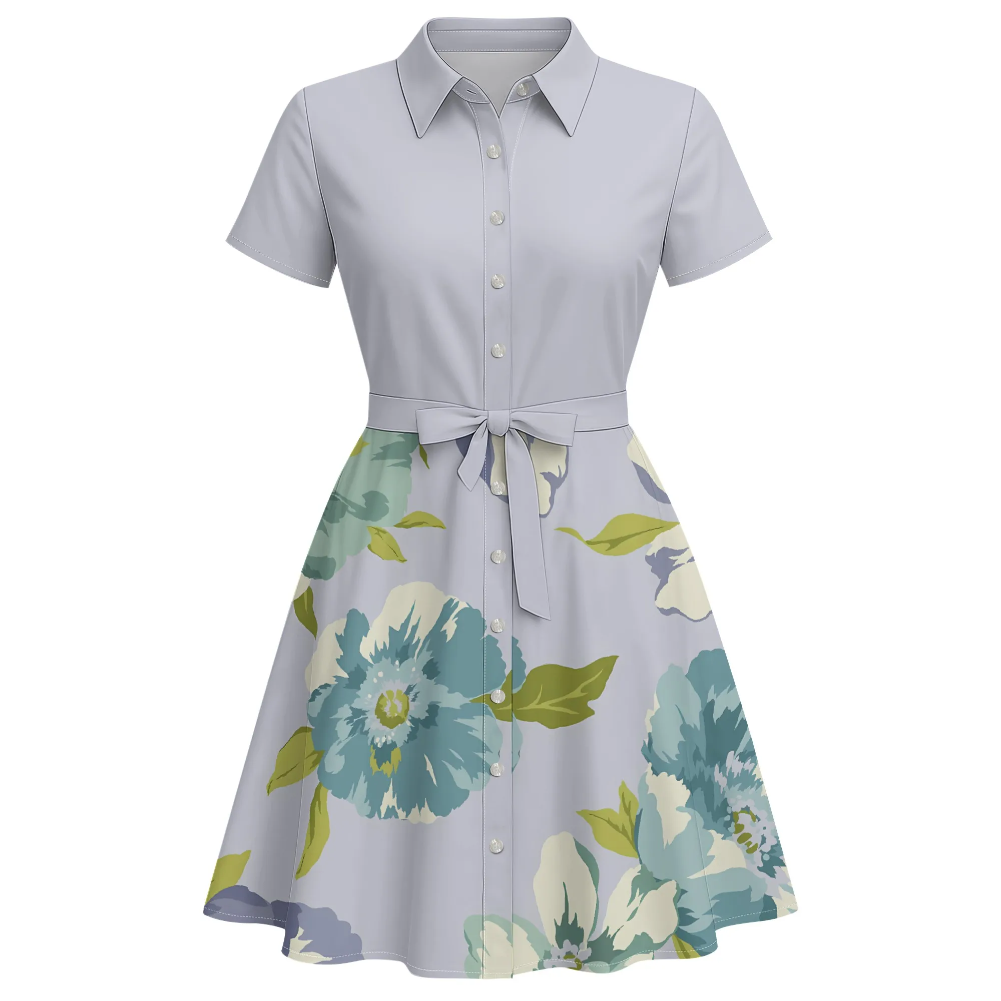 Nupusa Olive Green Rose Print Patchwork Dress for Women Regular Size Summer Casual Shirt Collar Short Sleeve Belted Midi Dress