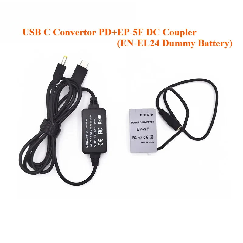 Power Bank USB C Convertor PD +EN-EL24 Dummy Battery EP-5F EP5F 4017pin Camera DC Coupler for Nikon 1 J5 1J5