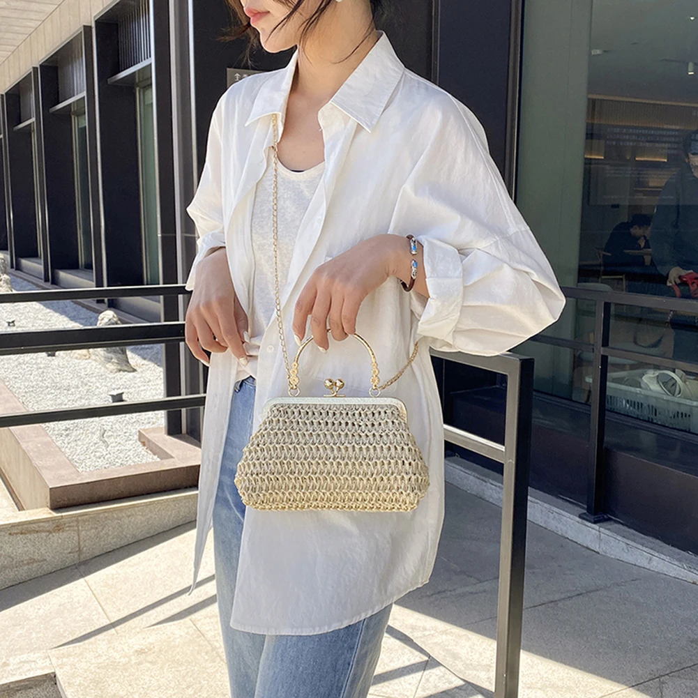 Summer Beach Straw Bags Exquisite Gold Chain Party Banquet Purse Hand Woven Handbag Female Clutch Bag Shoulder Crossbody Bags - view 5