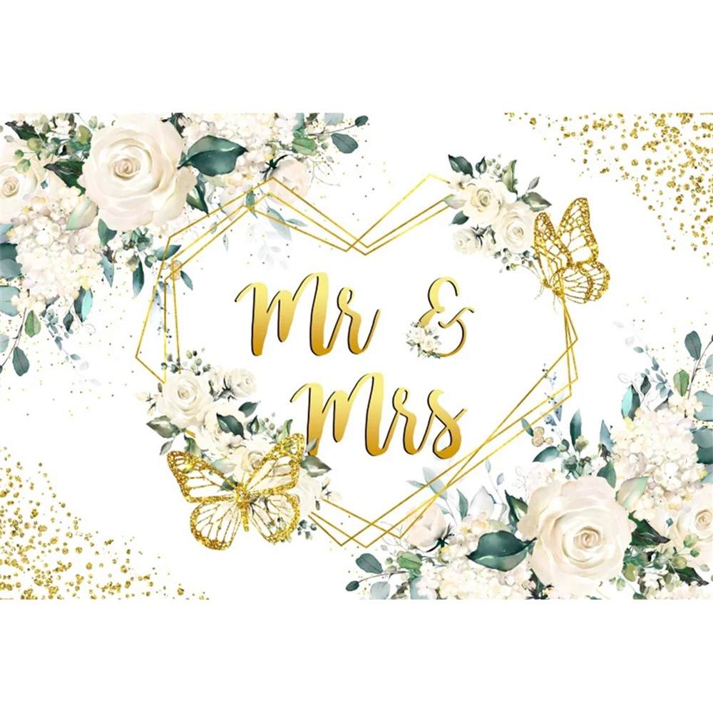 Laeacco Mr and Mrs Backdrop White Rose Floral Wall Glitter Ring Reception Bridal Groom Engaged Portrait Photography Background