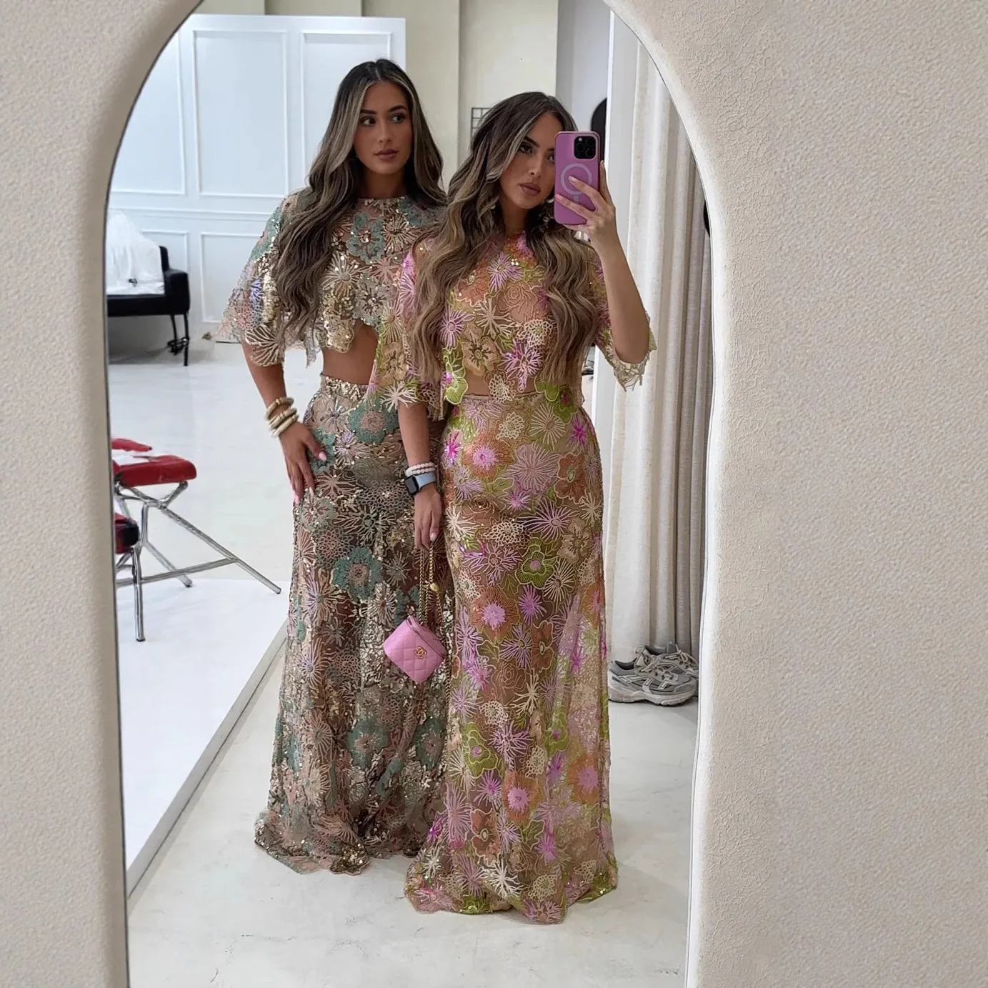 Flower Sequin Embroidery Skirt Two Piece Set Women Fashion Sexy Irregular Cropped Top See Through Skirts 2 Piece Sets Streetwear image 3
