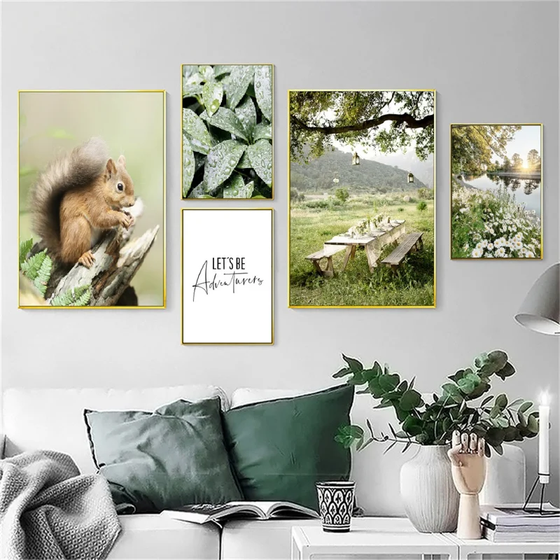 Wild Flowers Sunrise Poster Field of Daisies Canvas Prints Spring Dandelion  River Train Animal Fox Squirrel Painting Home Decor