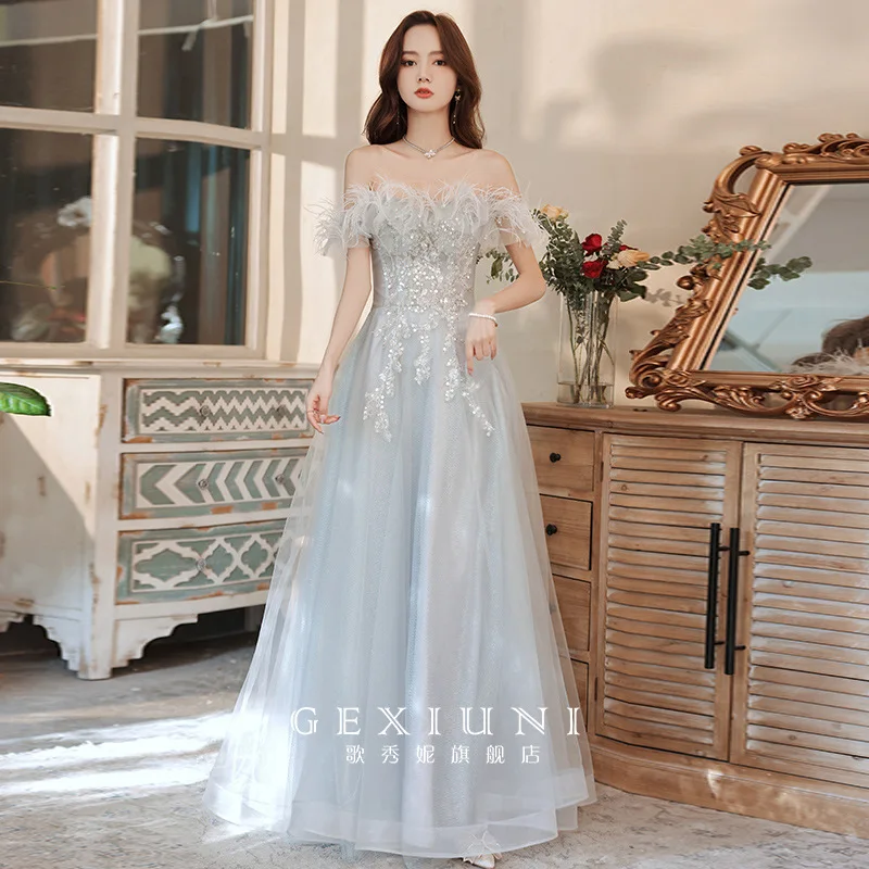 

Women Grey Long A Line Tulle Prom Dresses Elegant Spaghetti Strap Beading Evening Gown Robe De Soiree