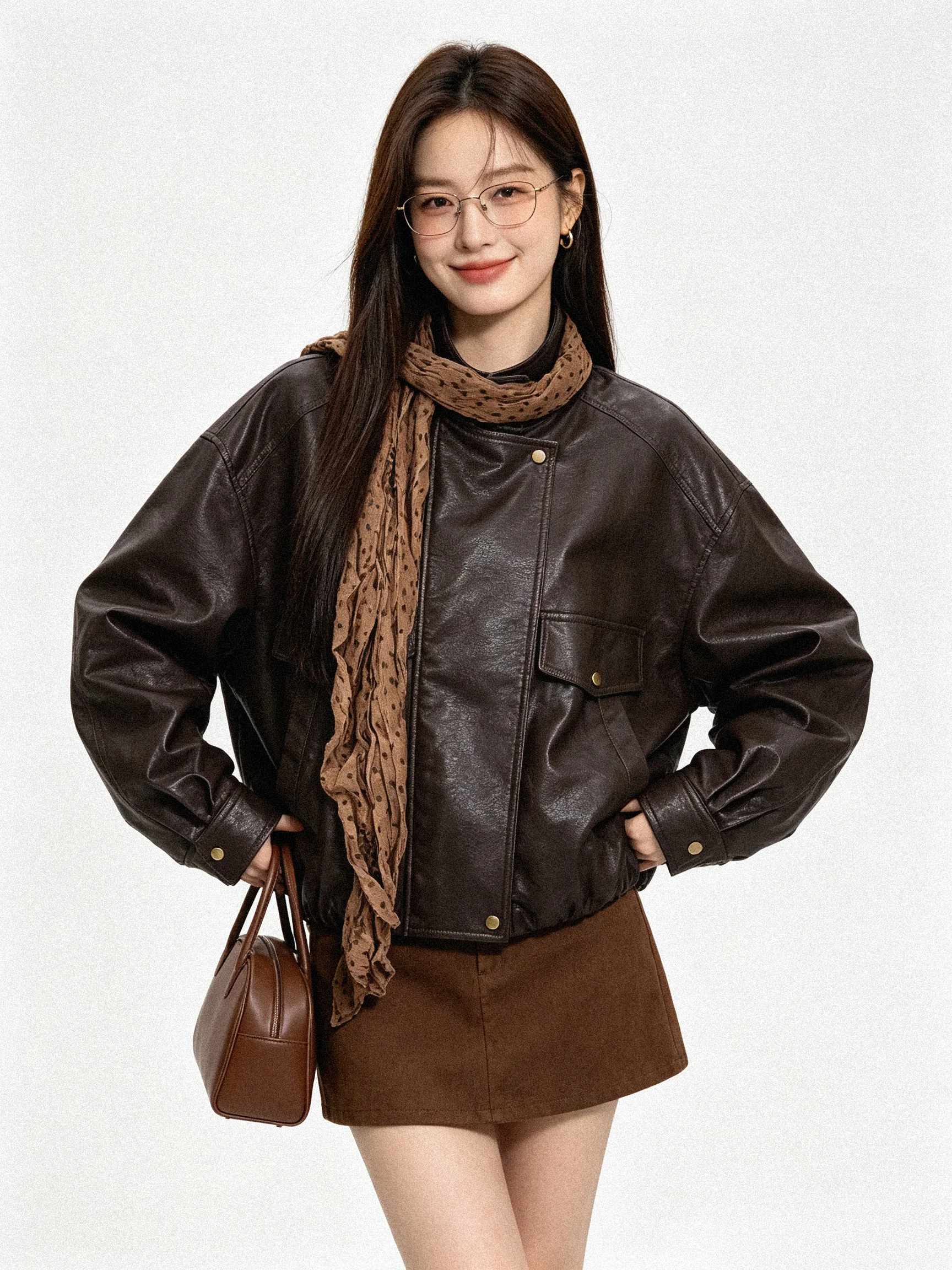 Loose Korean Style Stand Collar Retro PU Leather Jacket Short Motorcycle Jacket Outerwear Casual Fashion Standard Size