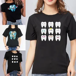 T-shirt Women Harajuku Summer Tee T-shirt 2022 Fashion Black Casual Couple Cartoon Teeth Print Short-sleeved Top