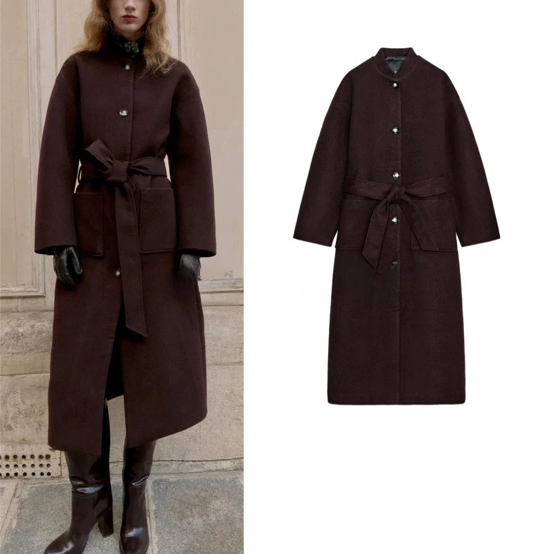 

Осень-зима женское облегающее длинное прямое пальто с воротником-стойкой и поясом верхняя одежда Faionable Ele Sle из полиэфирного волокна