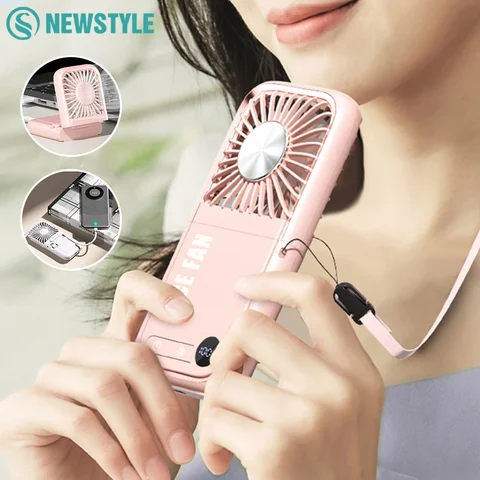 휴대용 핸드 헬드 개인 목걸이 얼음 냉각 팬 접이식 미니 조용한 USB 충전식 팬 3000mAh 보조베터리 전화 브래킷